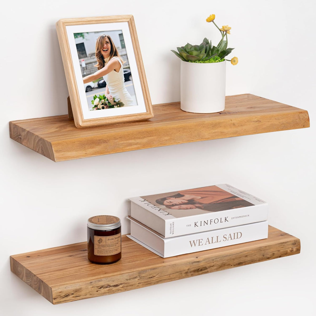 RICHFOCUS Live Edge Elm Floating Shelves - 24" W x 9.3" D Rustic Solid Wood Wall Shelves with