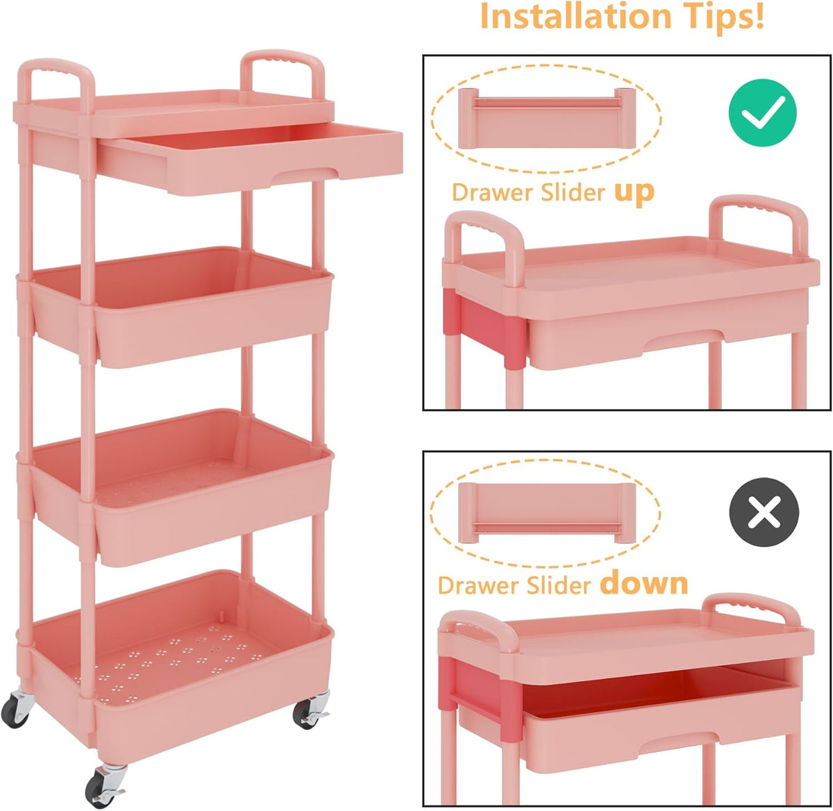 Calmootey 4-Tier Rolling Utility Cart with Drawer,Multifunctional Storage Organizer with Plastic