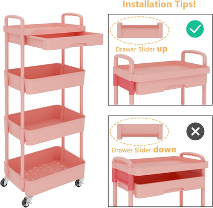Calmootey 4-Tier Rolling Utility Cart with Drawer,Multifunctional Storage Organizer with Plastic