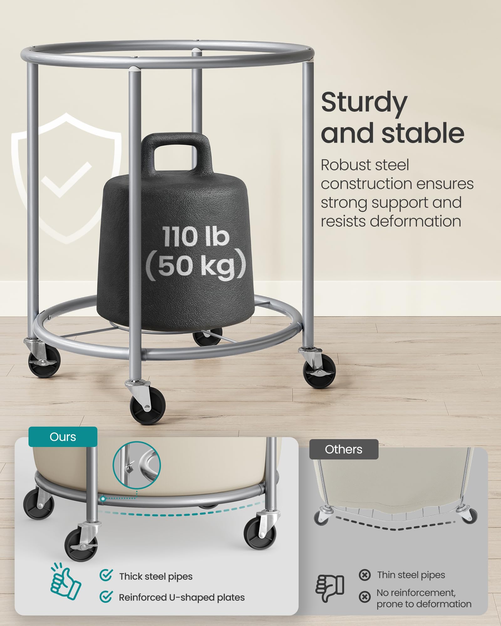 SONGMICS Laundry Basket, Rolling Steel Frame with 2 Locking Wheels, 190 L