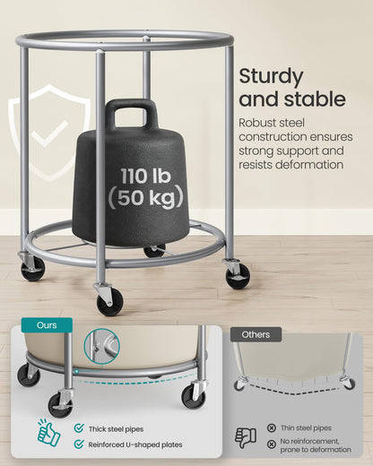 SONGMICS Laundry Basket, Rolling Steel Frame with 2 Locking Wheels, 190 L