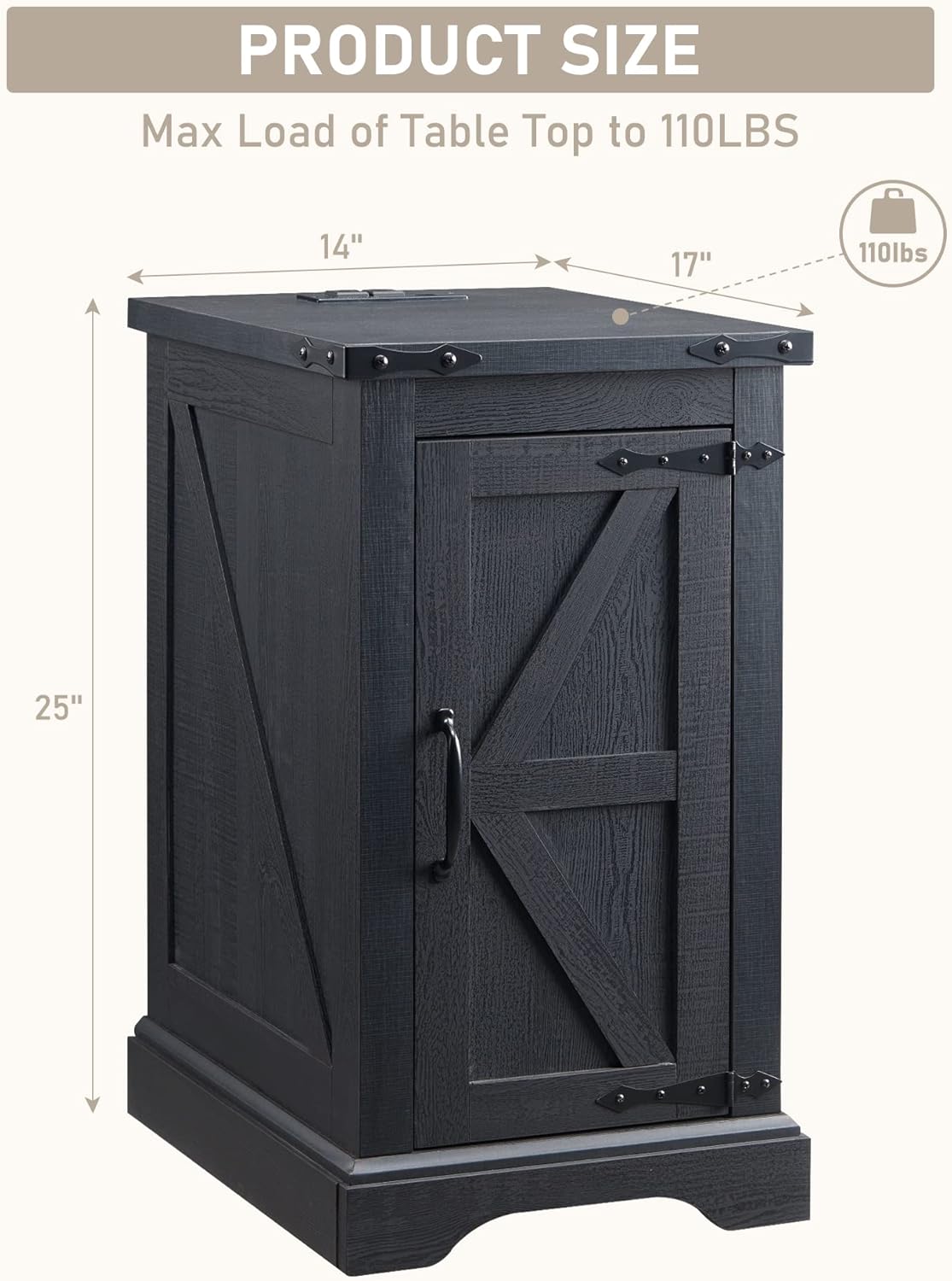 JXQTLINGMU Nightstand with Charging Station, Rectangular Farmhouse End Table with Barn Door and