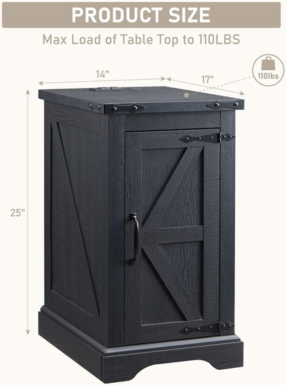 JXQTLINGMU Nightstand with Charging Station, Rectangular Farmhouse End Table with Barn Door and