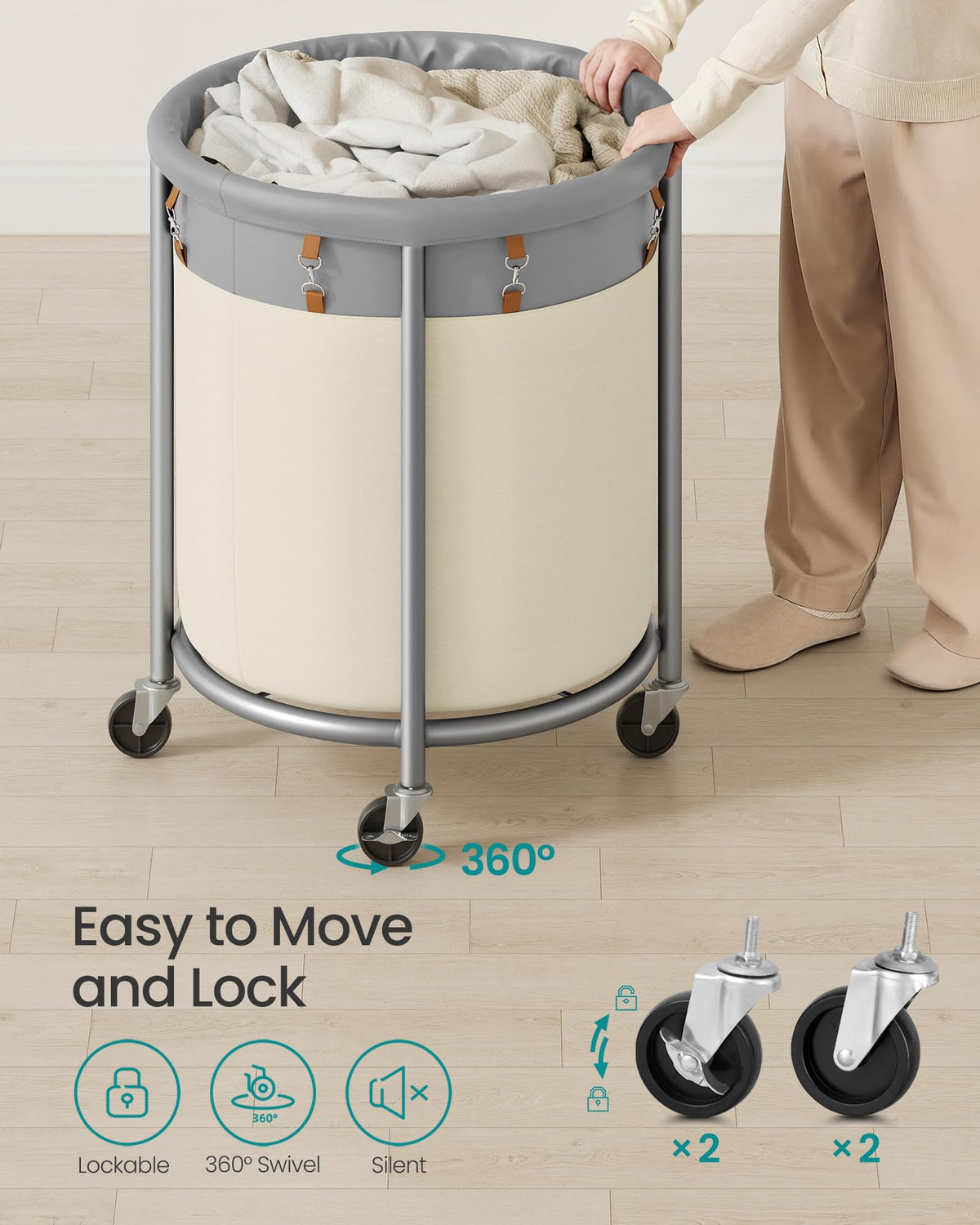 SONGMICS Laundry Basket, Rolling Steel Frame with 2 Locking Wheels, 190 L