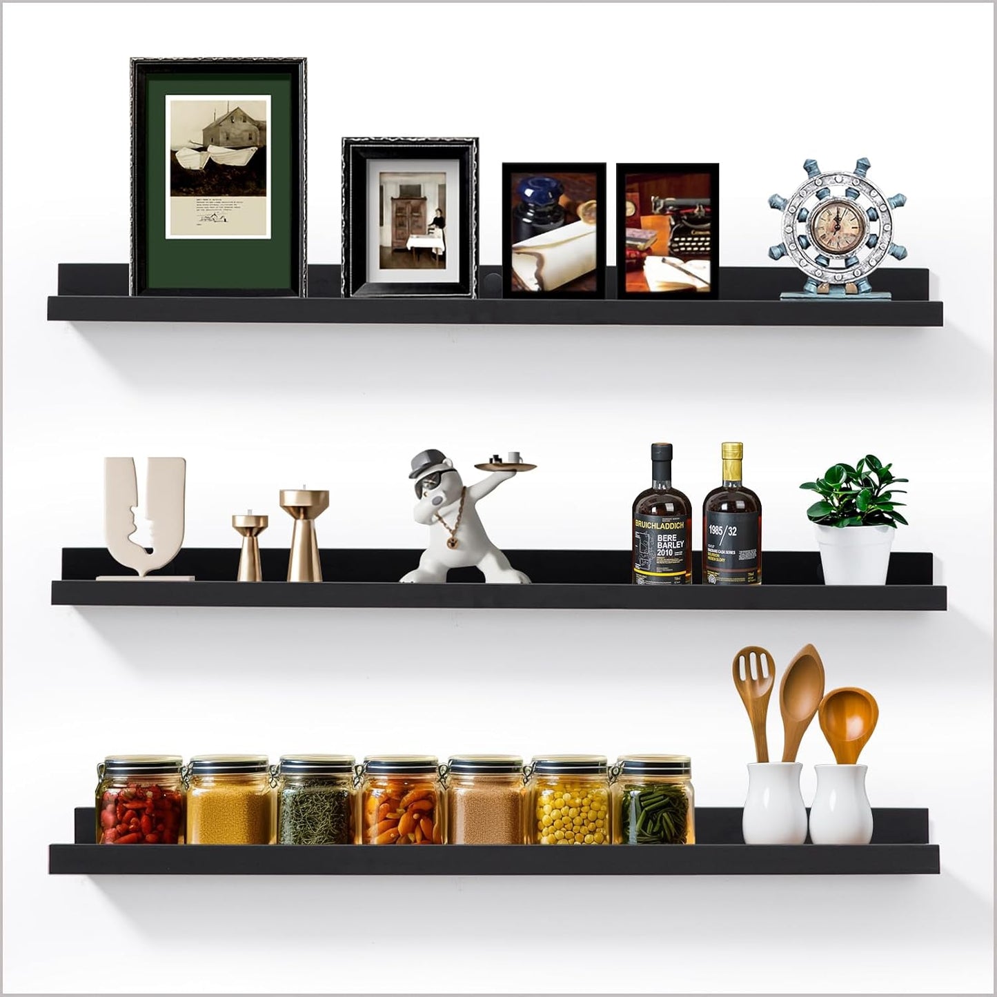 Long Floating Folding Shelves 48 Inch Wood Picture Ledge Shelf with Lip for Wall Black Storage