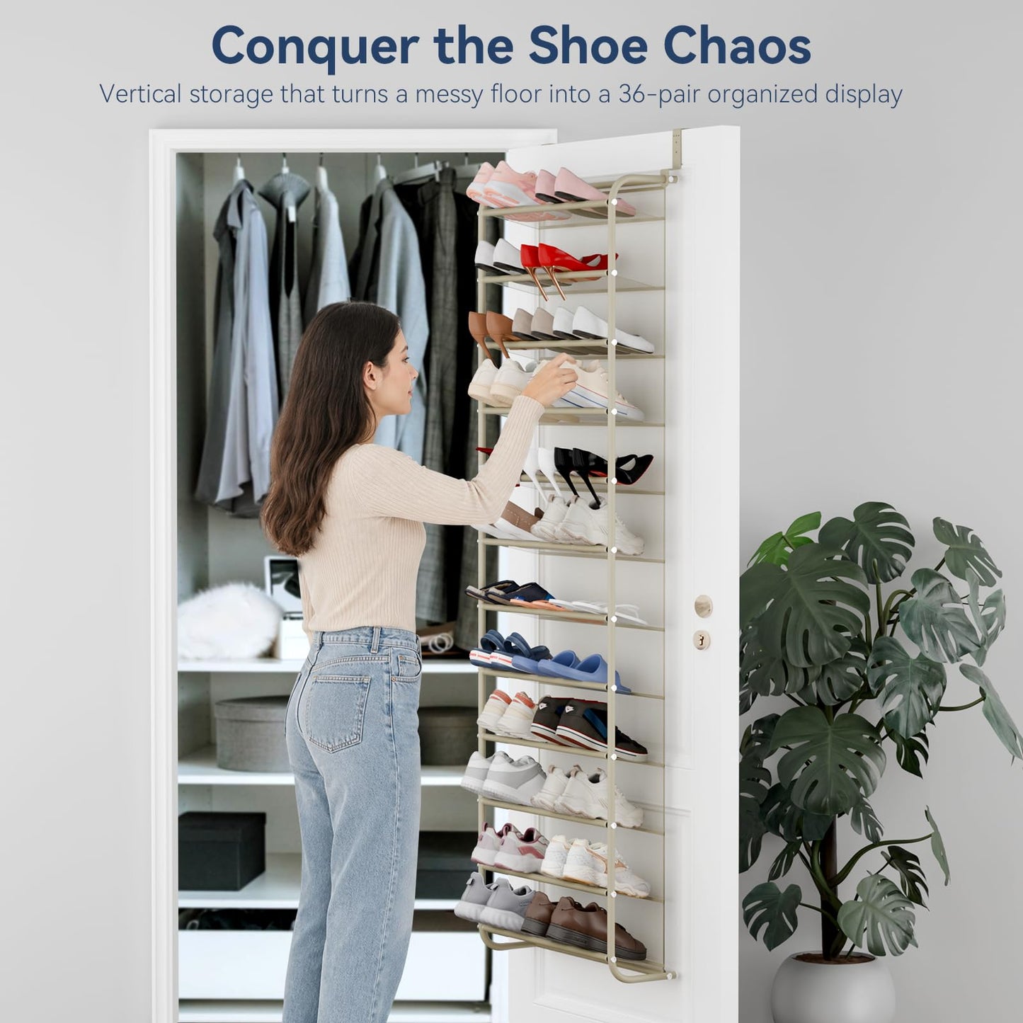 Whitmor 36 Pair Over The Door Shoe Organizer, 12 Tier Hanging Shoe Organizer, Heavy Duty Metal &