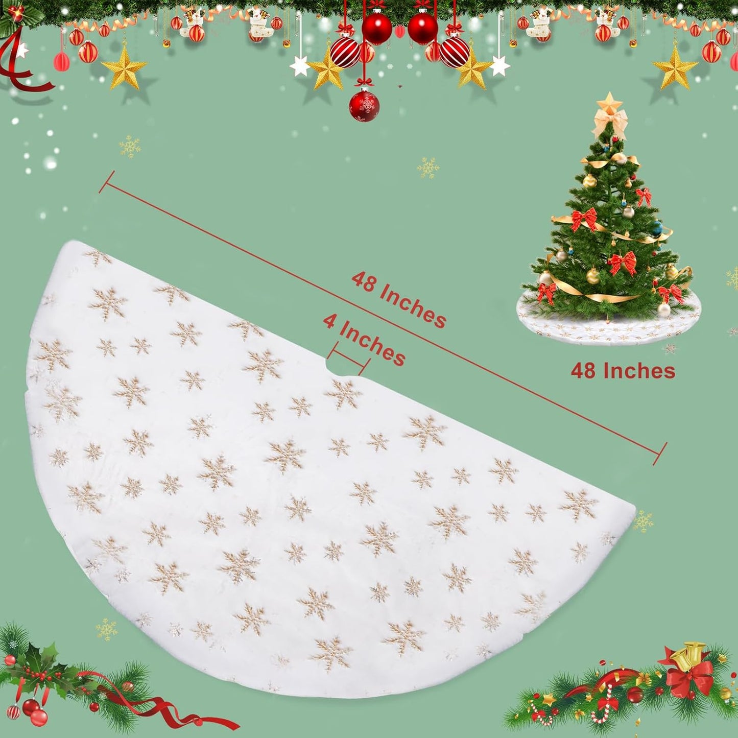 Christmas Tree Skirt, 48 Inch White Luxury Faux Fur & Gold Sequin Snowflakes, 4ft Xmas Tree Skirt