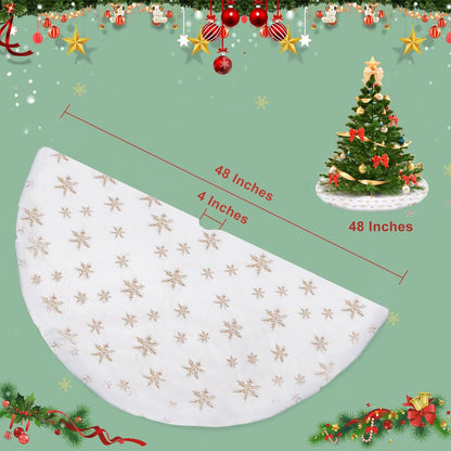 Christmas Tree Skirt, 48 Inch White Luxury Faux Fur & Gold Sequin Snowflakes, 4ft Xmas Tree Skirt