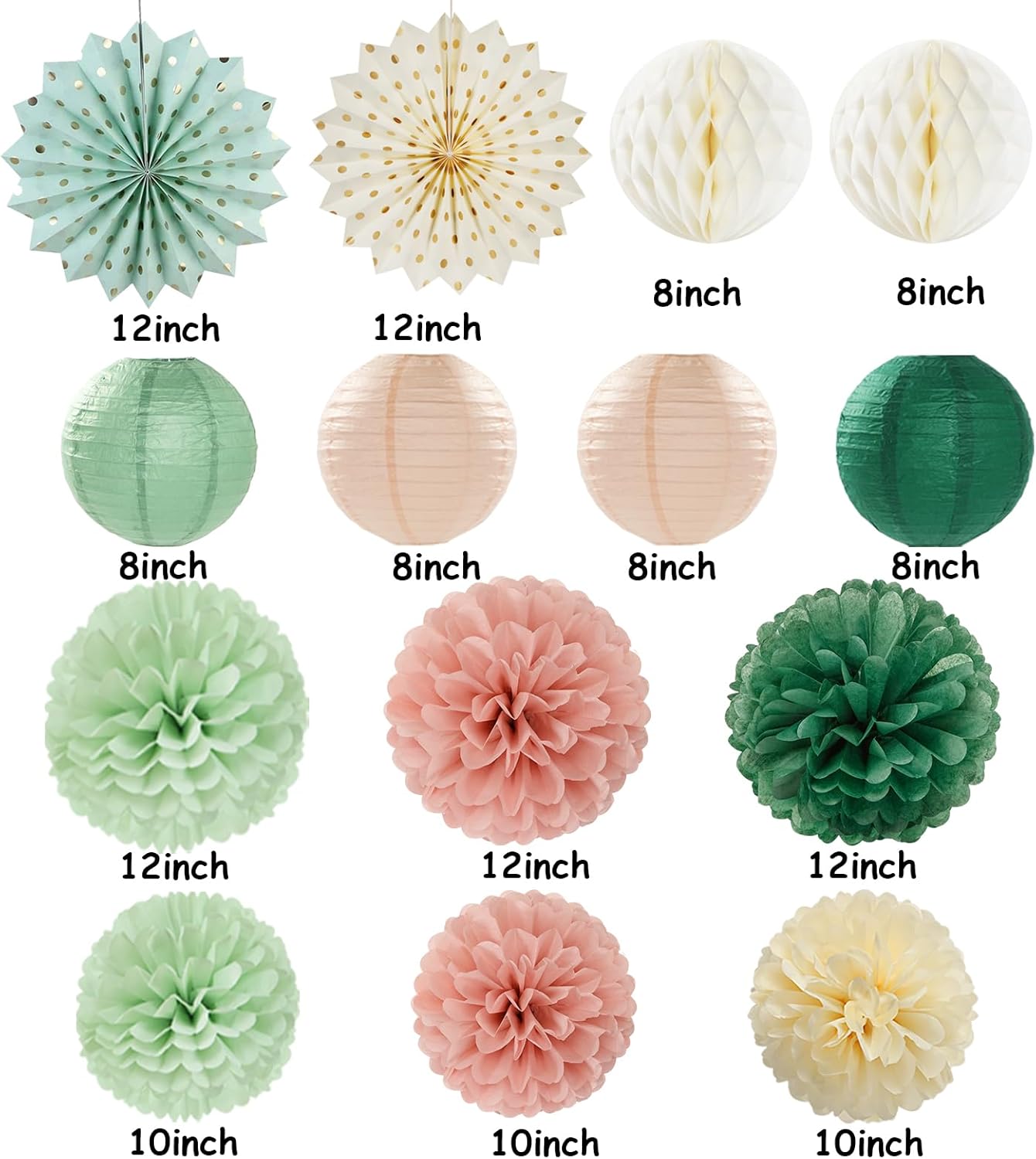 Sage-Green Pink-Beige Boho Party-Decorations Streamers - 14pcs Rustic Neutral Wedding Olive Paper