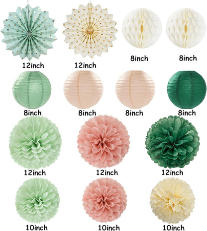 Sage-Green Pink-Beige Boho Party-Decorations Streamers - 14pcs Rustic Neutral Wedding Olive Paper