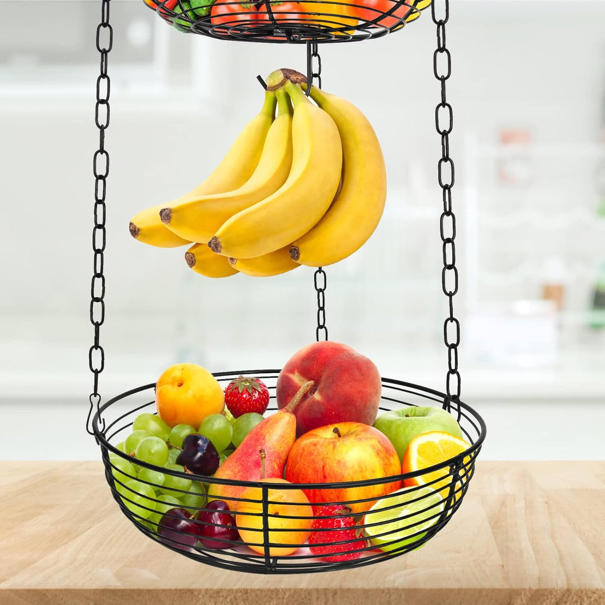 HULISEN 3 Tier Hanging Fruit Basket with Banana Hook, Heavy Duty Wire Hanging Baskets for Kitchen