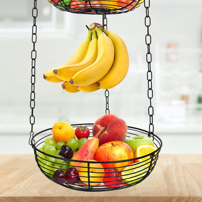 HULISEN 3 Tier Hanging Fruit Basket with Banana Hook, Heavy Duty Wire Hanging Baskets for Kitchen