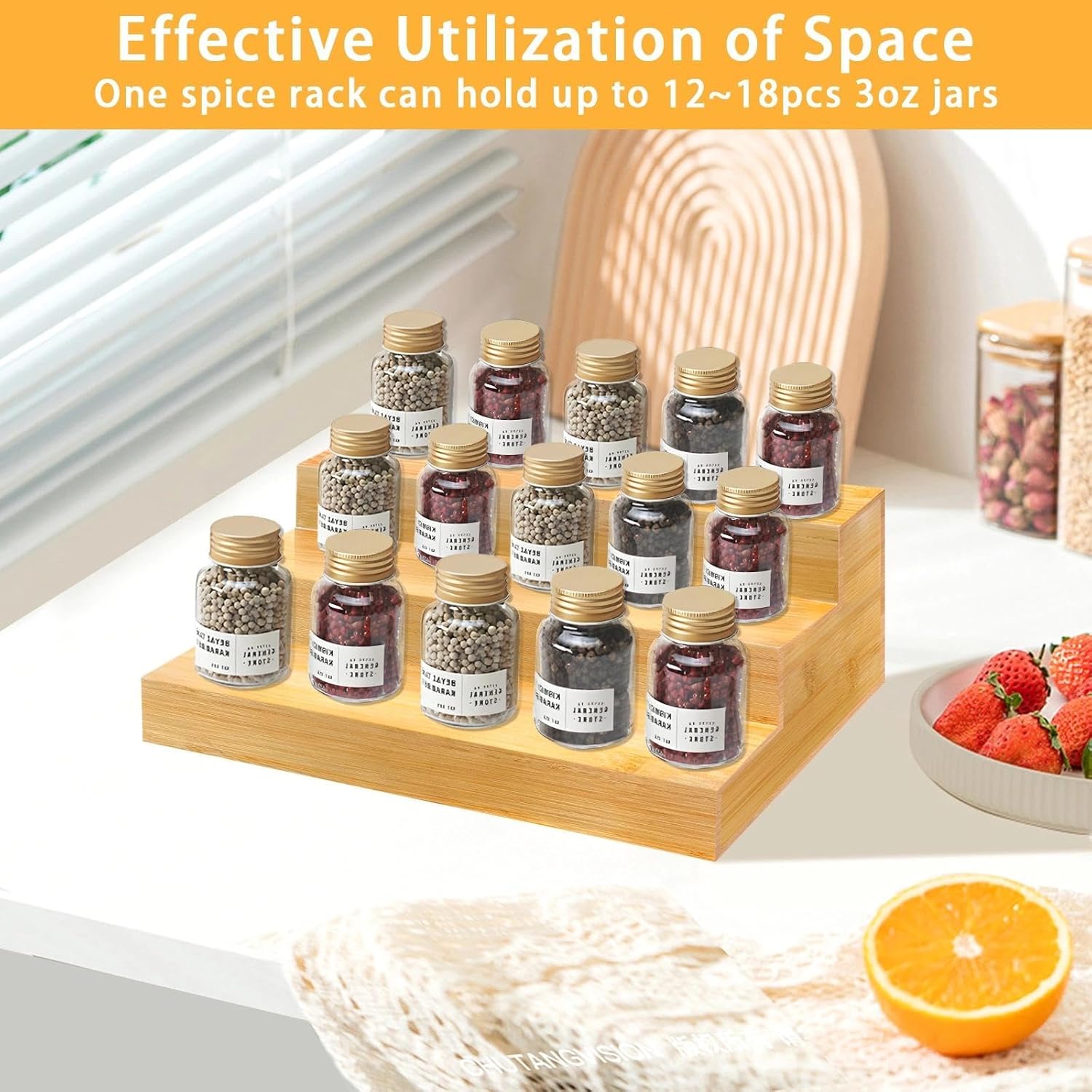 Spice Rack Organizer for Cabinet - Bamboo Spice Shelf, 3 Tier Seasoning Organizer for Countertop
