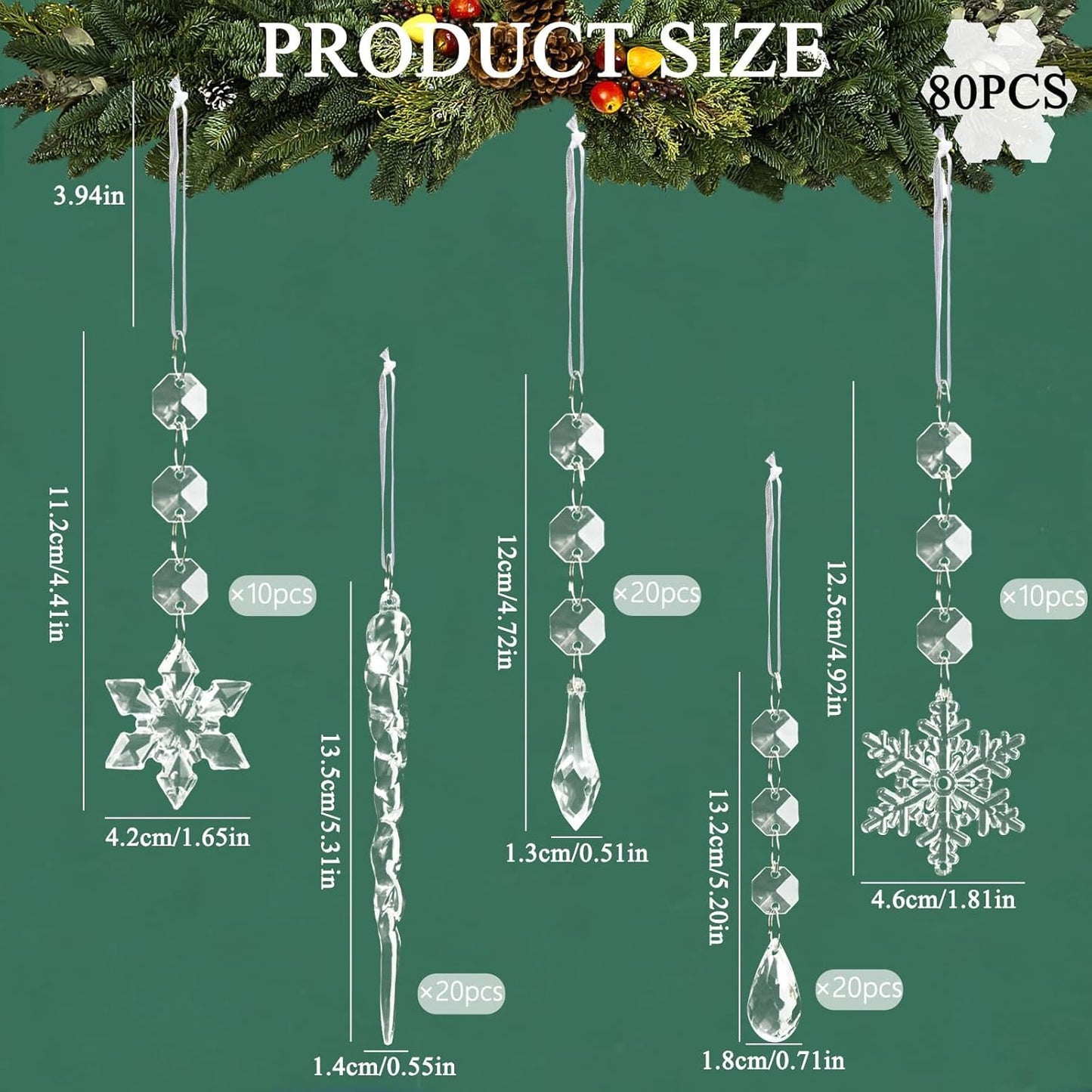 80pcs Christmas Tree Decoration Crystal Ornaments - Acrylic Christmas Snowflake Ornaments Icicle