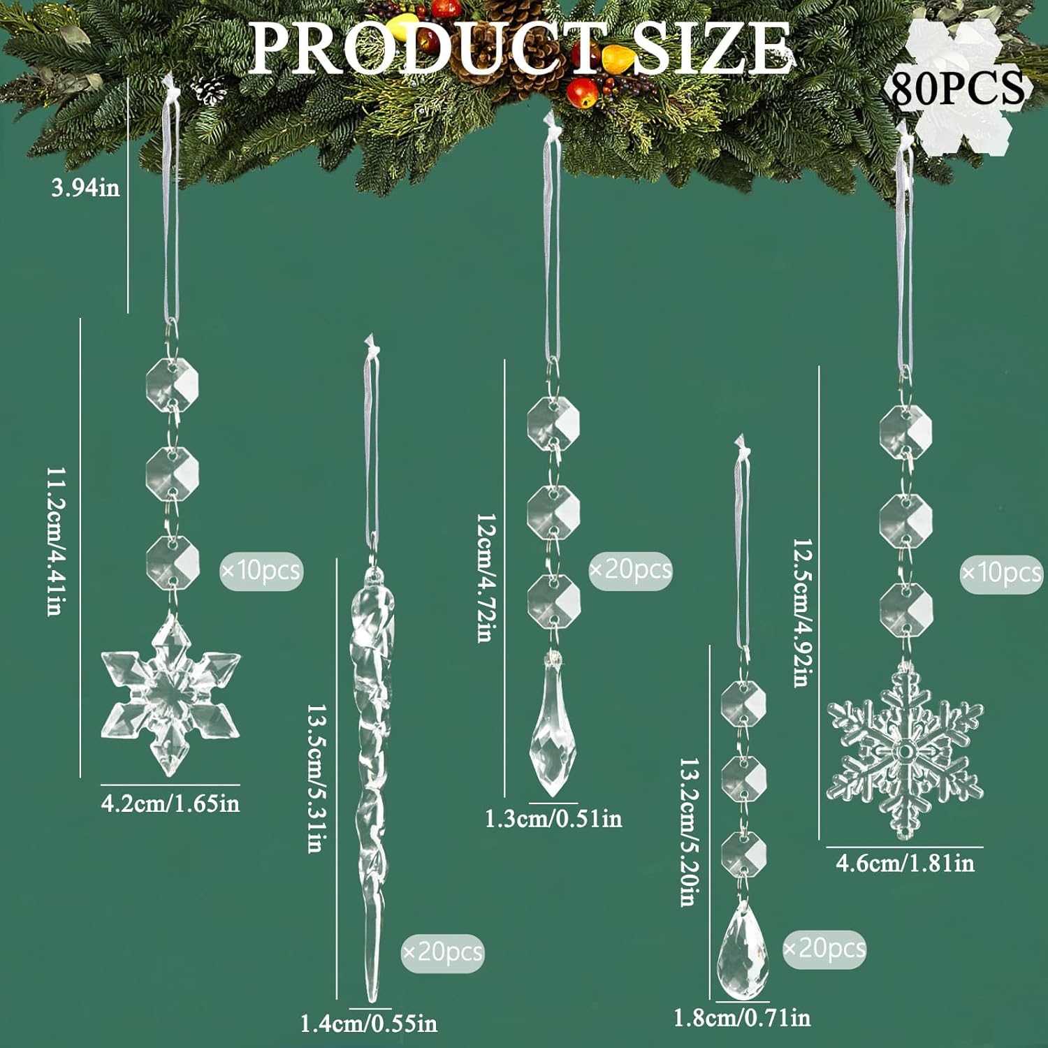 80pcs Christmas Tree Decoration Crystal Ornaments - Acrylic Christmas Snowflake Ornaments Icicle