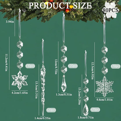 80pcs Christmas Tree Decoration Crystal Ornaments - Acrylic Christmas Snowflake Ornaments Icicle