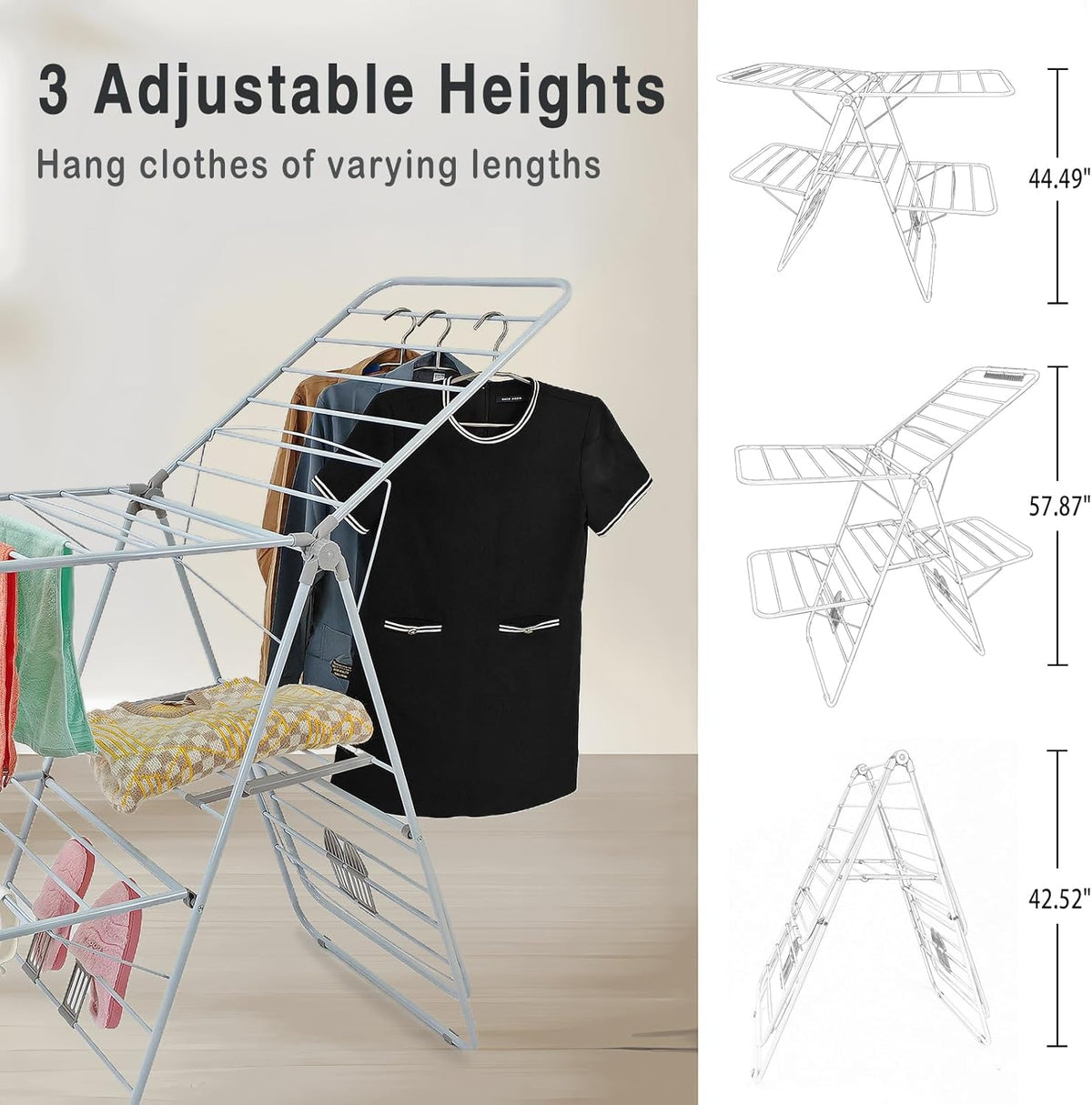Large Capacity Double Drying Rack, Folding Rustproof Drying Rack with Non-Slip Clips and Drainage