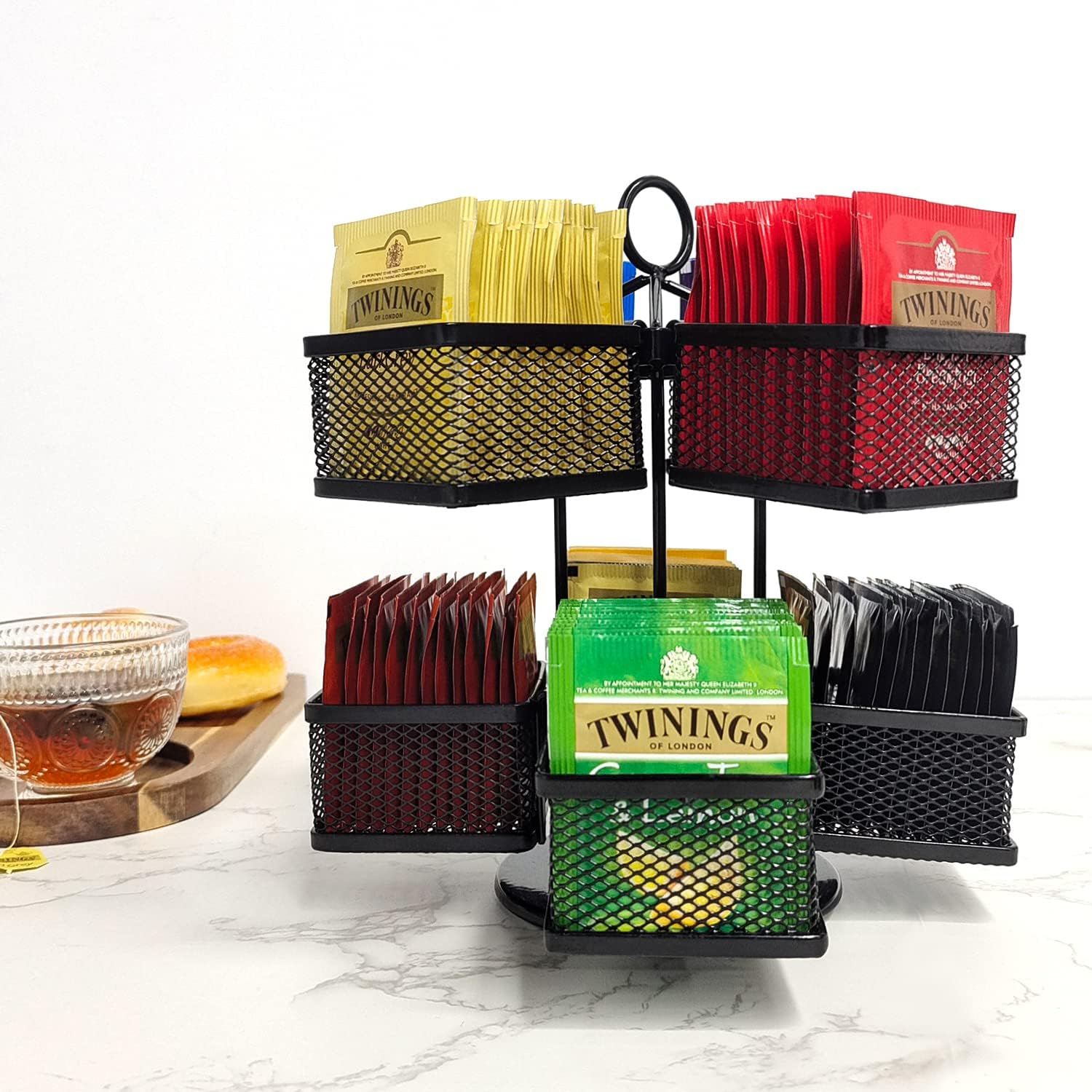 Tea Bag Organizer Coffee Holder Storage Spinning Carousel Basket Black Adjustable Tea Caddy For