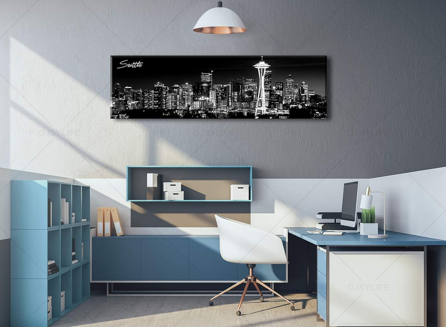 Seattle City Skyline Wall Art Black and White Canvas Prints Panorama Cityscape Picture Night View