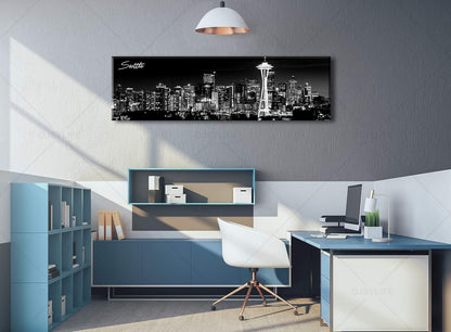 Seattle City Skyline Wall Art Black and White Canvas Prints Panorama Cityscape Picture Night View