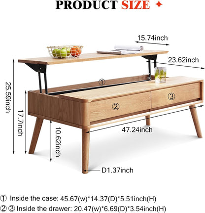 100% Solid Wood Lift Top Coffee Table for Living Room, Mid Century Modern Tables with Drawers and