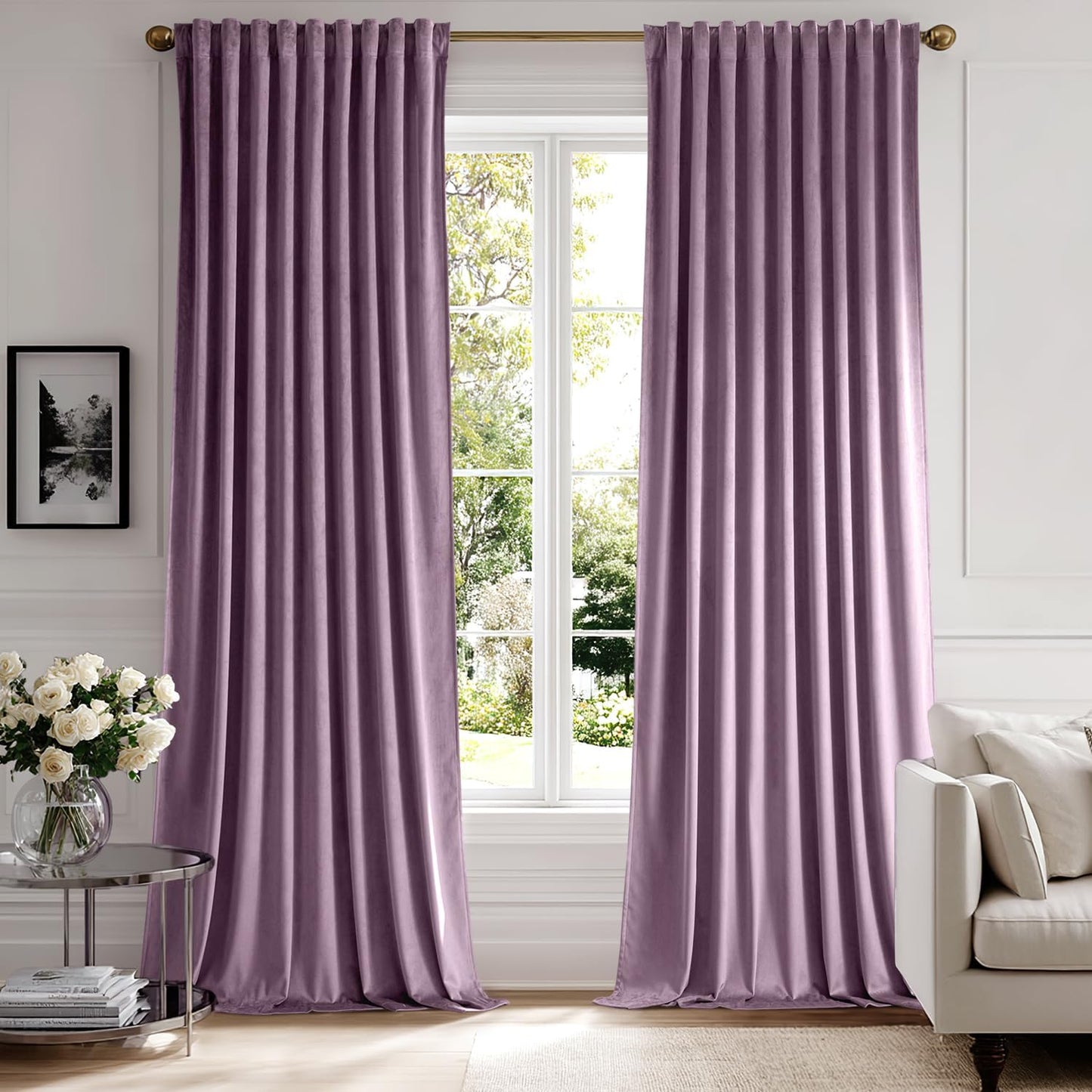 MIULEE Lavender Velvet Curtains 90 inches 2 Panels - Luxury Room Darkening Window Drapes for