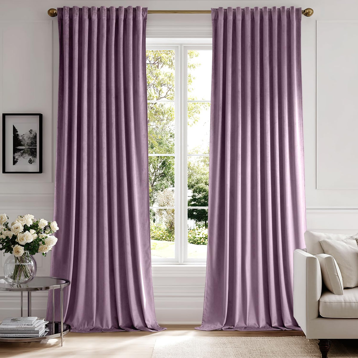 MIULEE Lavender Velvet Curtains 90 inches 2 Panels - Luxury Room Darkening Window Drapes for