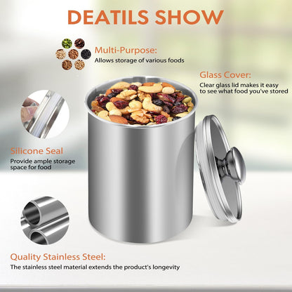 ENLOY Stainless Steel Food Storage Container Set of 3, 88/61/29 oz with Clear Glass Lids - Ideal