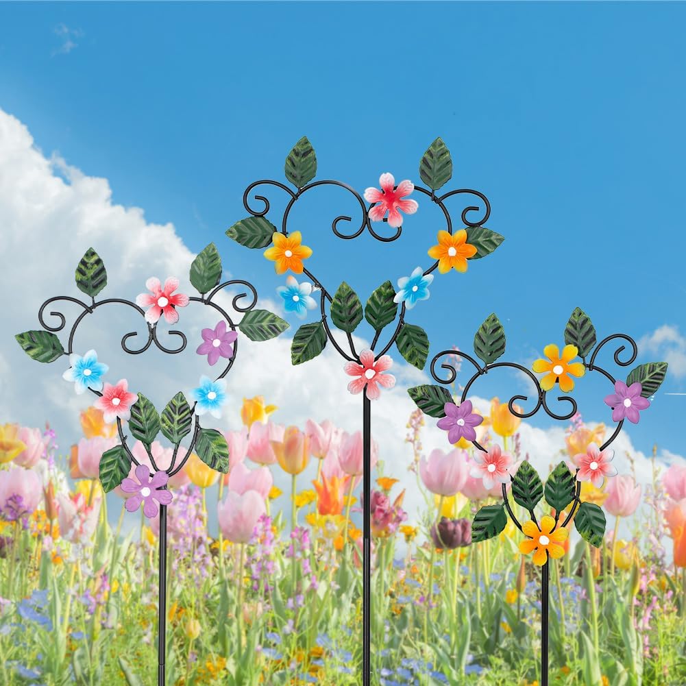 Metal Flowers Decorative Garden Stakes, 22.1 ''H Heart Shape Metal Flowers for Outside Yard Art
