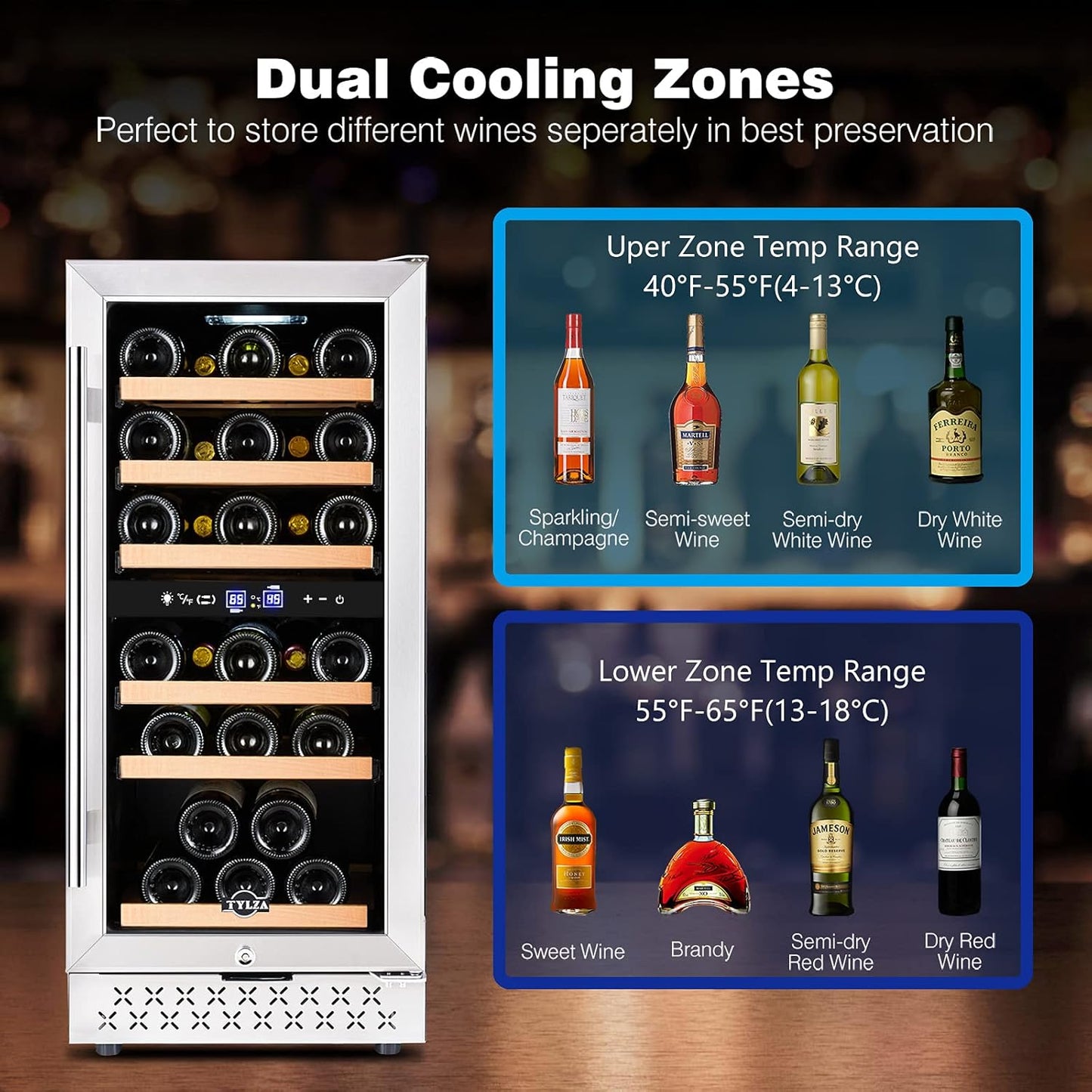 Tylza Mini Fridge 15 Inch Wine Cooler Under Counter, 33 Bottle Dual Zone Wine Fridge with Stainless