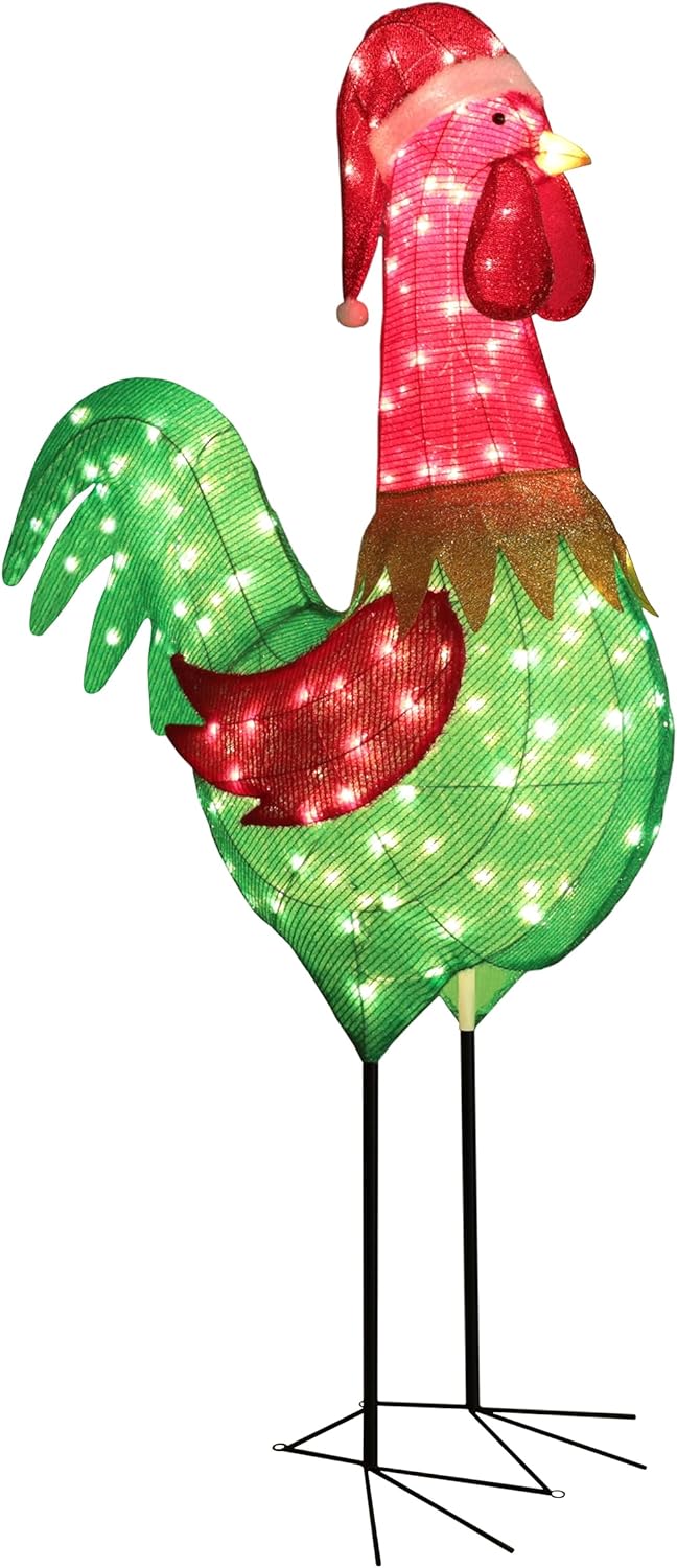 6FT Lighted Rooster with Christmas Hat for Outdoor Christmas Decorations, 3D Pre-Lit Iridescent