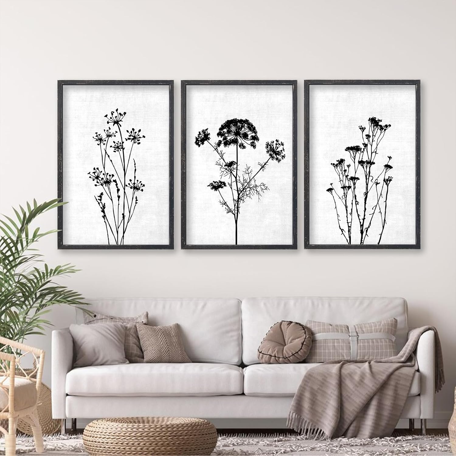 Flower Plant Wall Art Decor 16"x11" Set of 3 Black And White Botanical Painting Wood Framed For