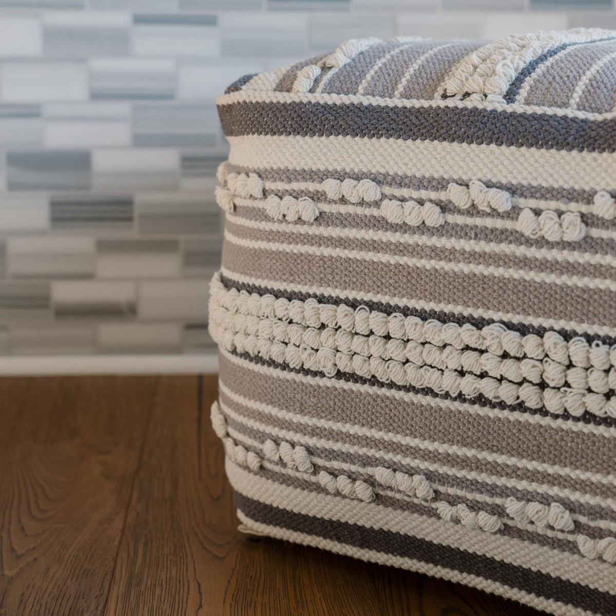 Pouf Ottoman, Square Hand Woven Loop and Striped Ottoman Pouf for Living Room or Bedroom, Floor