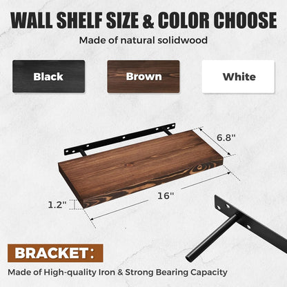Floating Wall Shelves - 16"x6.8"x1.2" Sturdy Rustic Brown Solid Wood Shelves for Storage and Décor