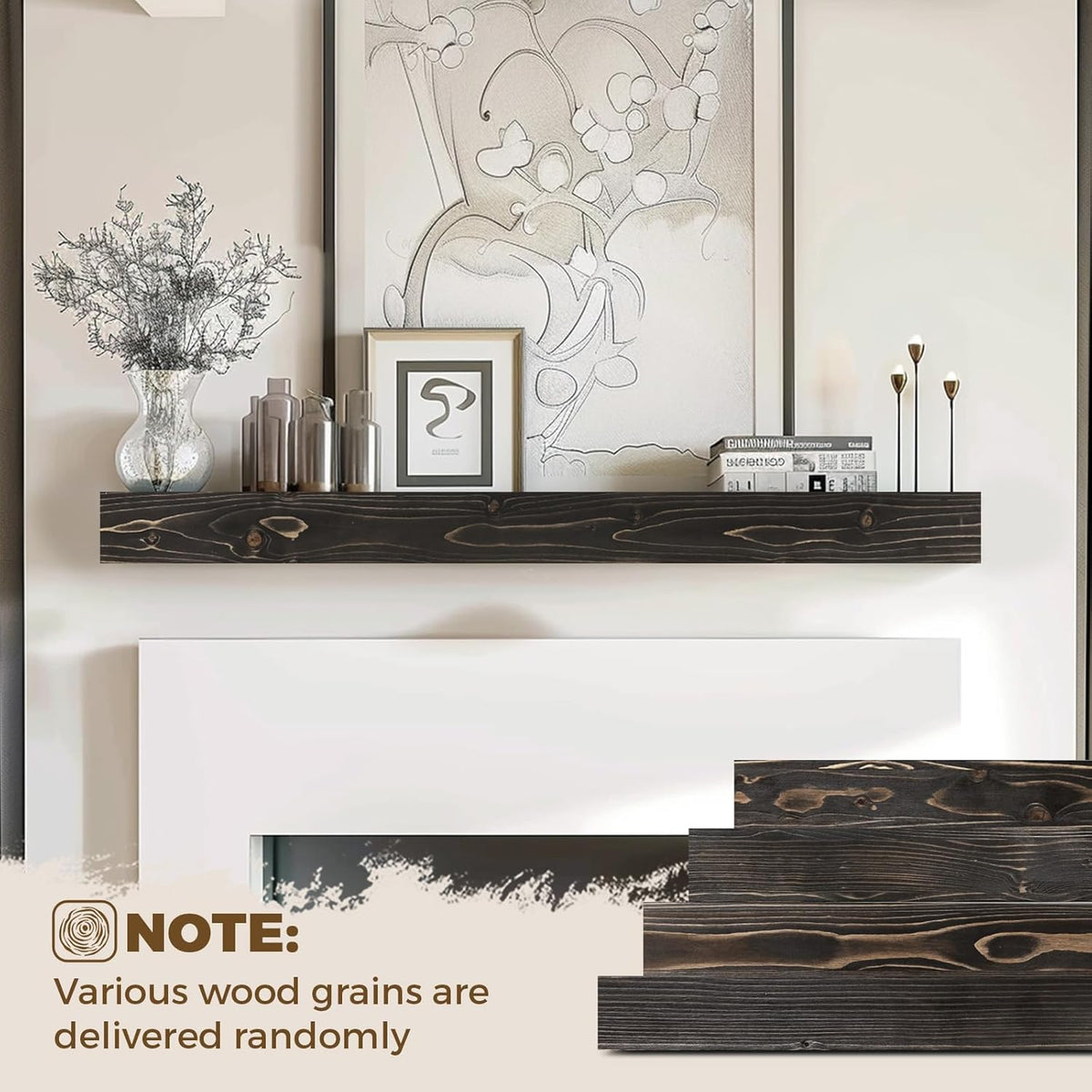48x8x3 Fireplace Mantel - Handcrafted Hollow Rustic Solid Wood Wall Mounted Floating Shelf with