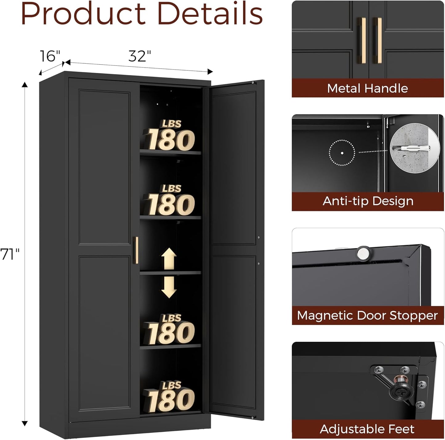 71" Tall Metal Pantry Cabinet, Black Kitchen Pantry Storage Cabinet with 4 Adjustable Shelves and
