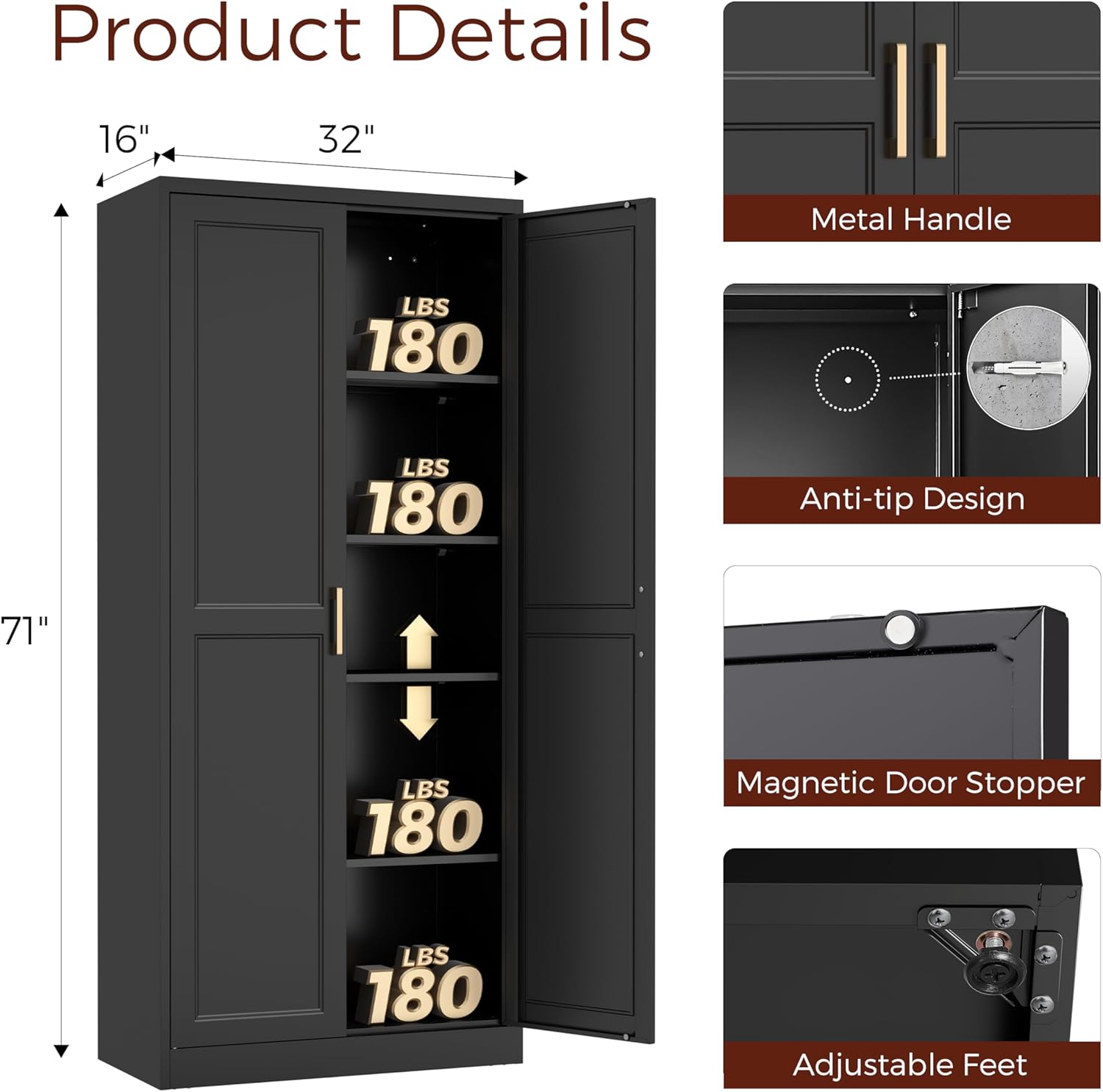 71" Tall Metal Pantry Cabinet, Black Kitchen Pantry Storage Cabinet with 4 Adjustable Shelves and