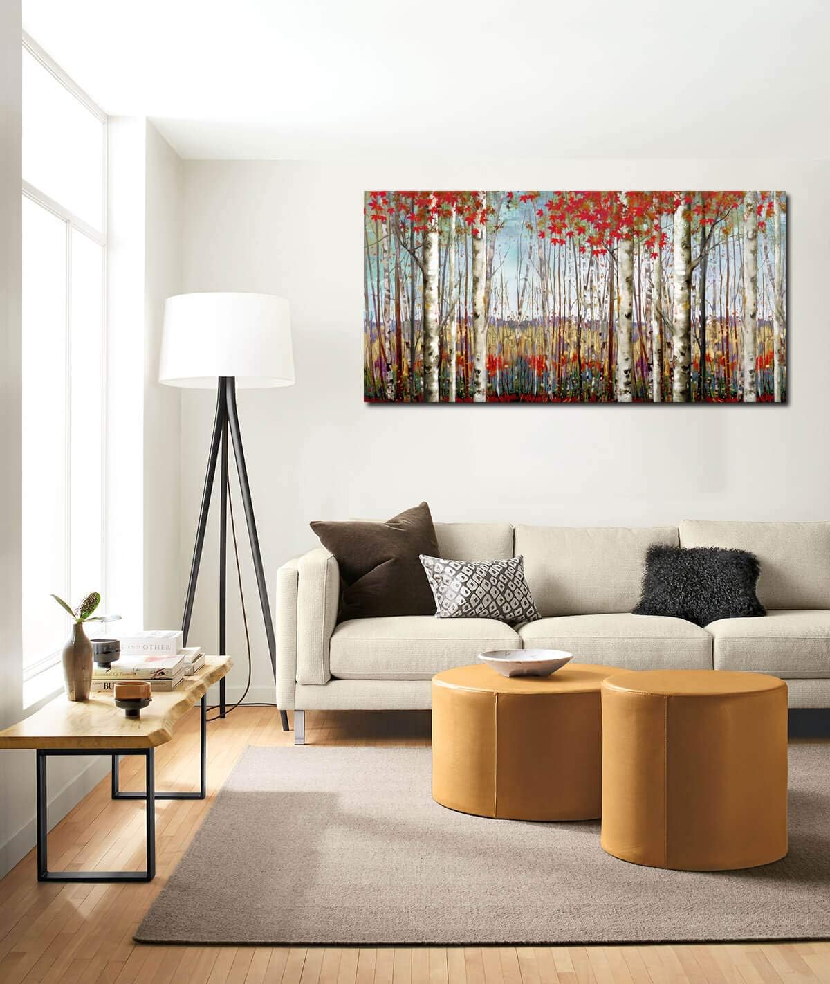 Canvas Wall Art for Living Room Bedroom Modern Wall Decor of Red Leaves White Birch Tree Forest