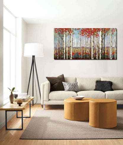 Canvas Wall Art for Living Room Bedroom Modern Wall Decor of Red Leaves White Birch Tree Forest