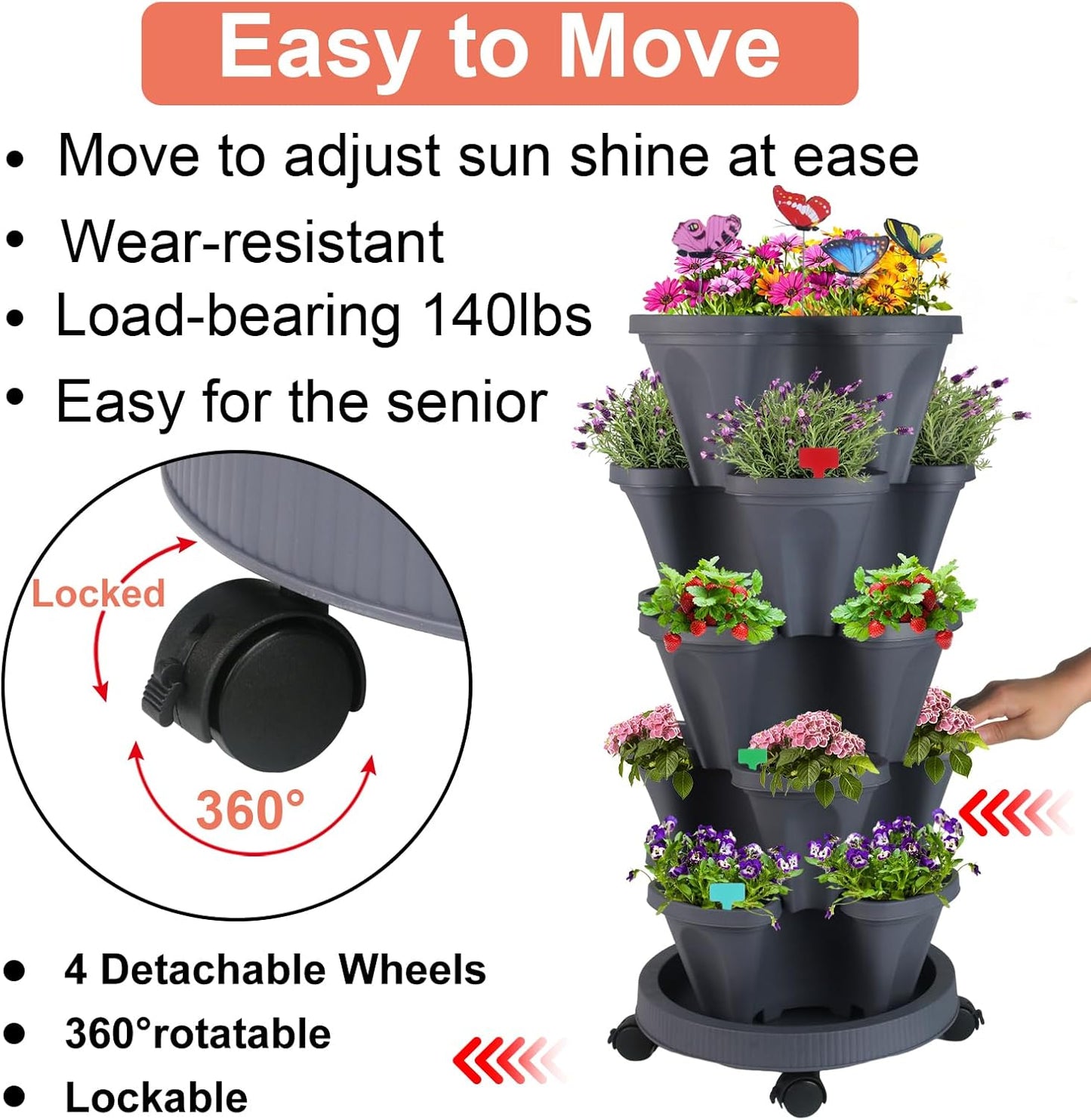 DUNCHATY Stackable Planter, Vertical Strawberry Planter with Garen Tool Set, Self Watering Garden