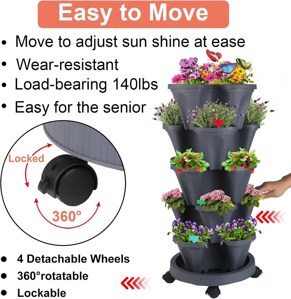 DUNCHATY Stackable Planter, Vertical Strawberry Planter with Garen Tool Set, Self Watering Garden