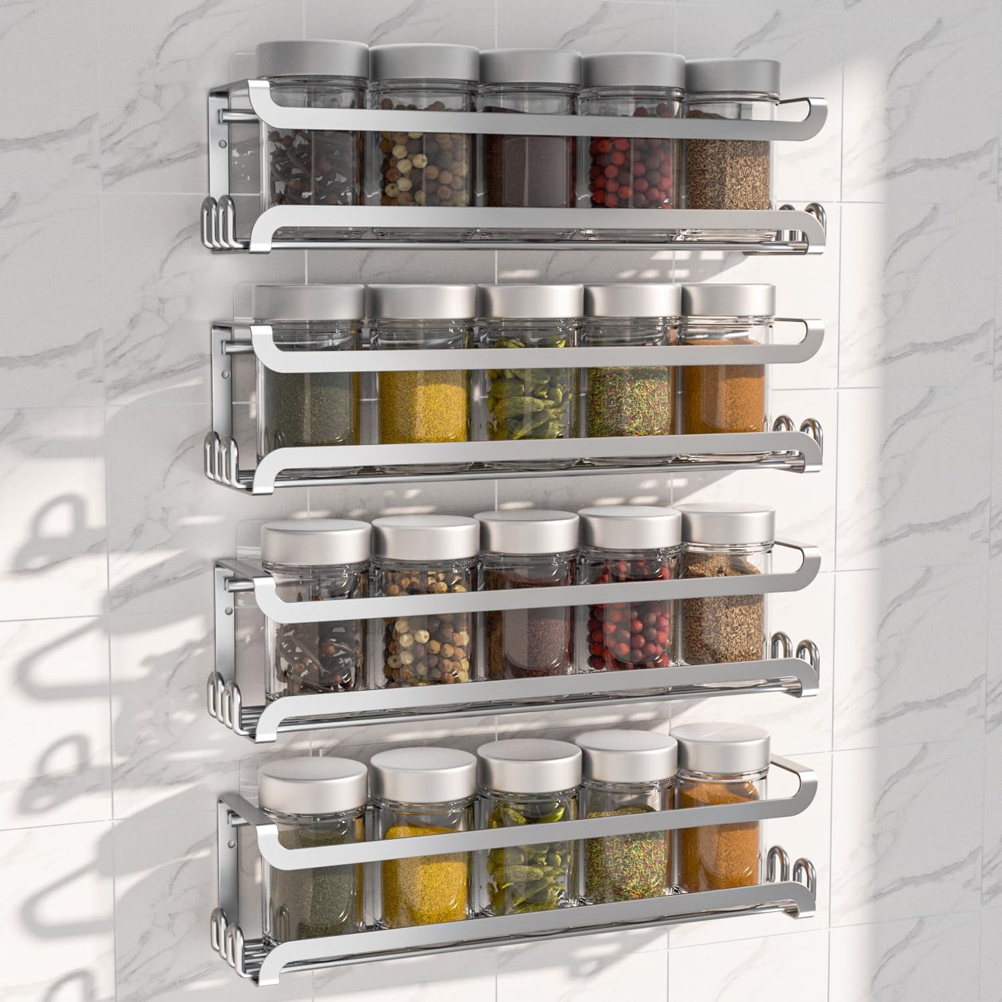 LUCYCAZ 4 Pack Wall Mounted Spice Rack with 16 Hooks, Spice Organizer Shelf for Stove Cabinet