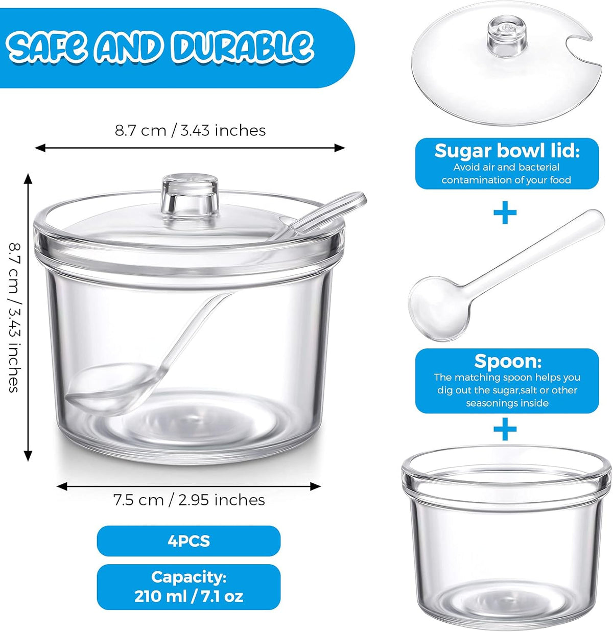 Patelai 4 Pieces Sugar Bowl Acrylic Clear Sugar Bowl with Lid and Salt Spoon Storage Jar with