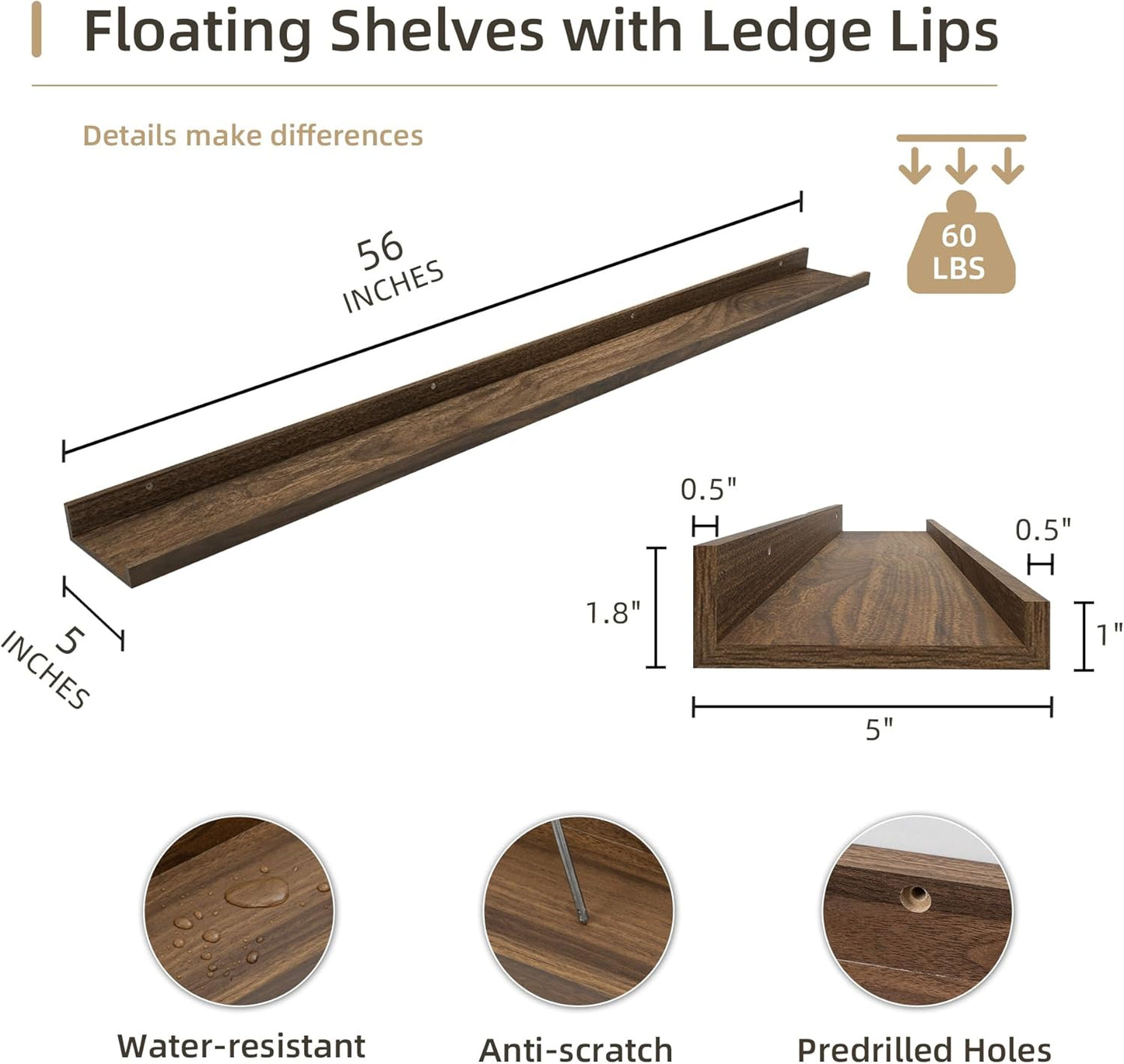 Picture Ledge Shelf, Wood Long Floating Shelves for Wall, Set of 2, 56 inch Picture Ledge Shelves