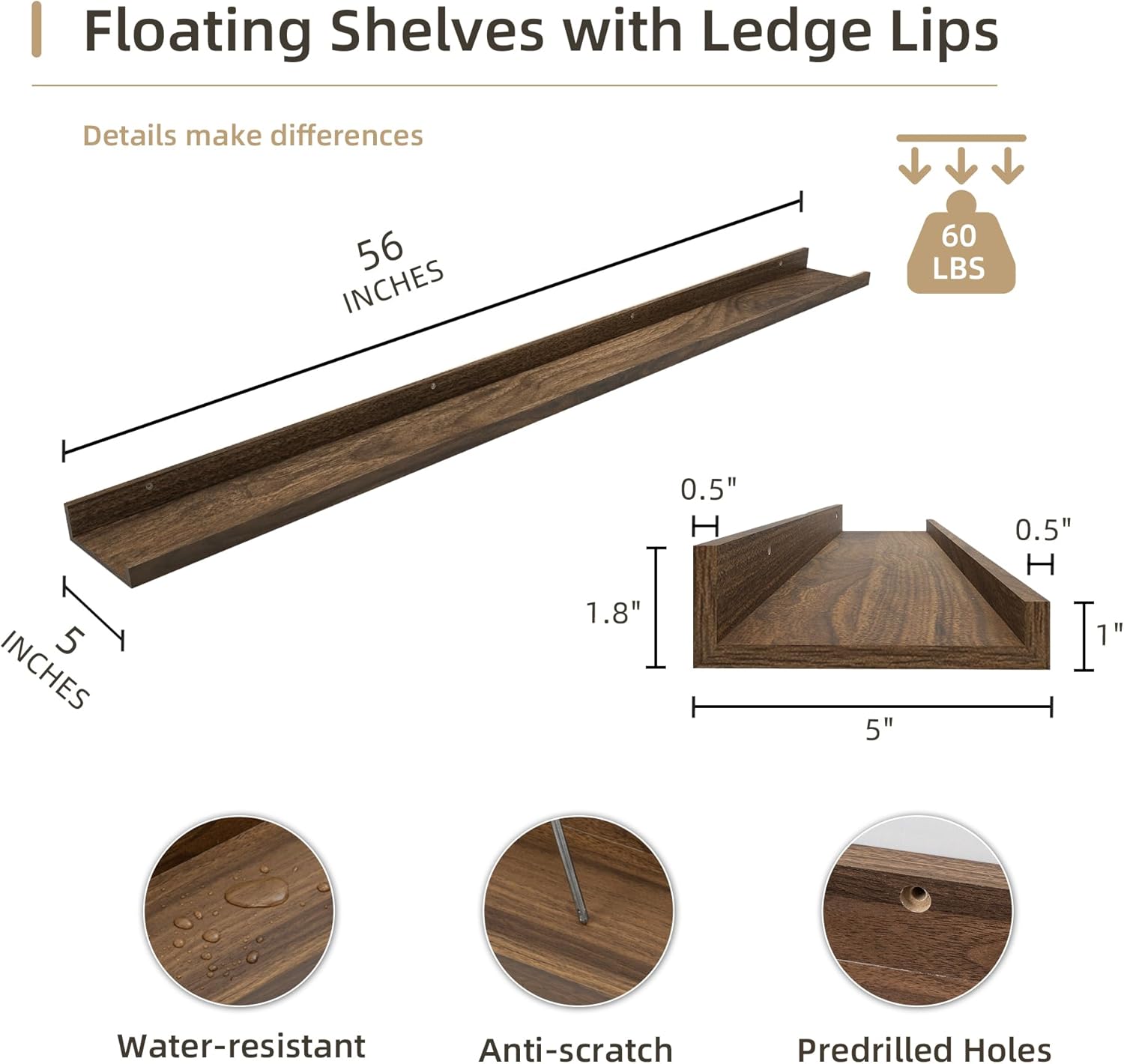 Picture Ledge Shelf, Wood Long Floating Shelves for Wall, Set of 2, 56 inch Picture Ledge Shelves