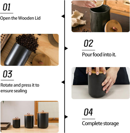 Black Canister Sets for Kitchen, 3pcs Ceramic Canisters with Airtight Wooden Lid, Food Storage Jar