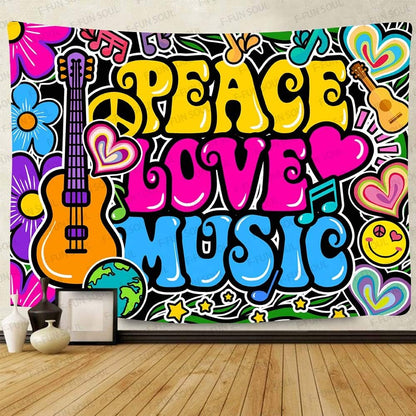 F-FUN SOUL Peace Love and Music Tapestry, 80x60inches Soft Flannel, Guitar Symbol Dove Flowers