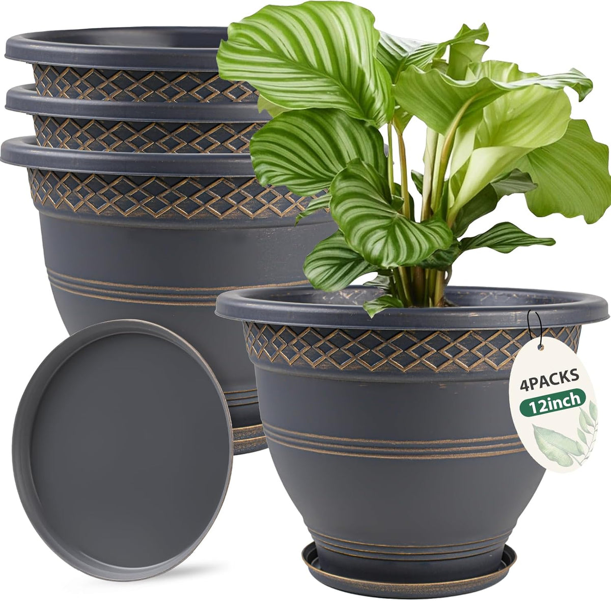 4 Pack 12 Inch Large Plant Pots, Plastic Flower Pot for Indoor & Outdoor with Drainage Holes &