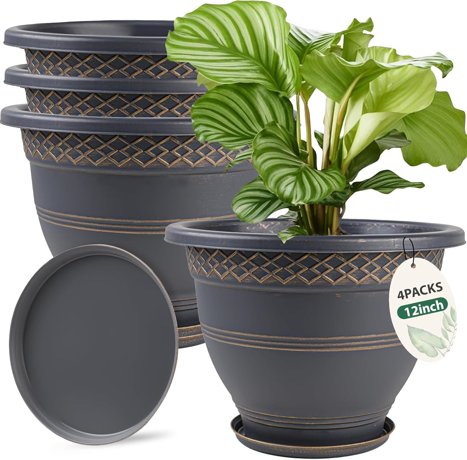 4 Pack 12 Inch Large Plant Pots, Plastic Flower Pot for Indoor & Outdoor with Drainage Holes &