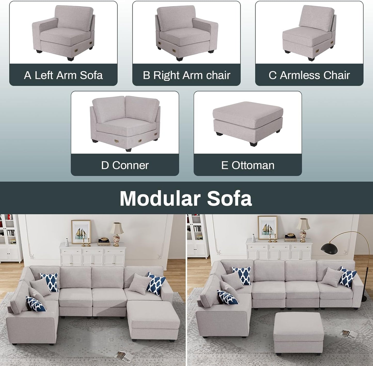 L Lengend Vansen Modular Sectional Sofa U Shaped Couch with Ottoman Modern Reversible Corner